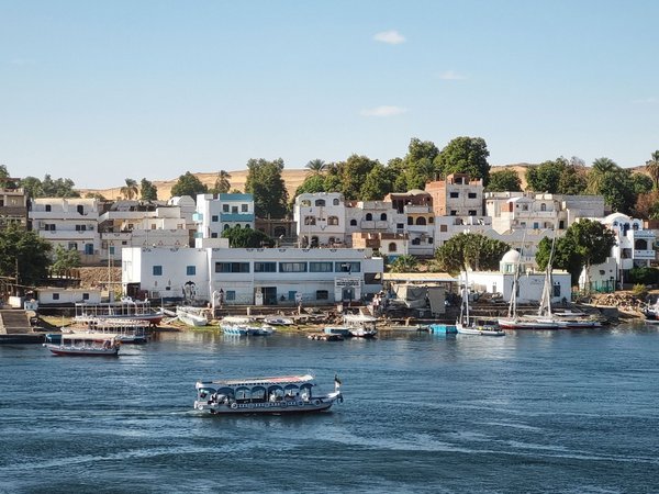 Vista dell'isola Elefantina ad Aswan con case tradizionali, barche sul Nilo e vegetazione sullo sfondo.