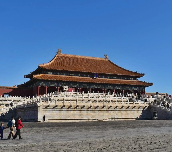 View of the Hall of Supreme Harmony in the Forbidden City of Beijing with clear blue skies.