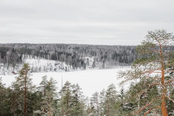 Vista invernale del Parco Nazionale di Nuuksio con lago ghiacciato e foresta innevata vicino a Helsinki.