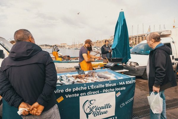 Bancarella di pesce fresco al mercato locale di Marsiglia con vista sul porto e pescatori al lavoro.