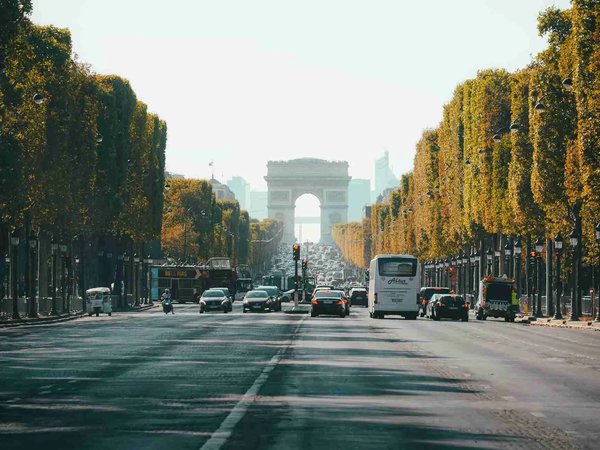 View of the Arc de Triomphe in Paris, framed by trees and traffic on a main road.