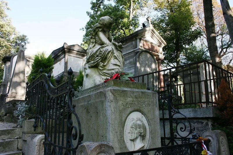 Grave of Frédéric Chopin at Père Lachaise Cemetery in Paris, surrounded by statues and trees.
