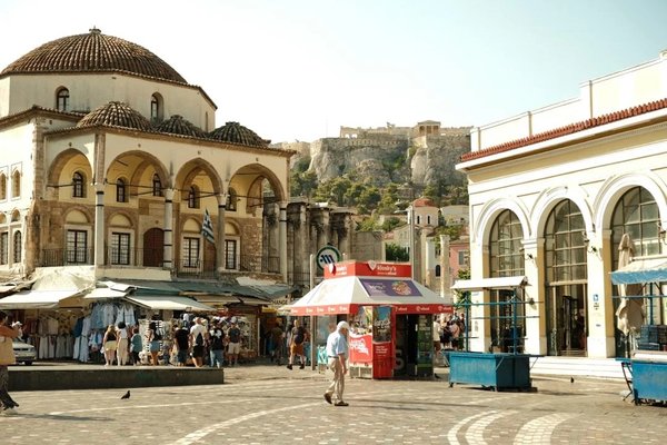 Monastiraki Square in Athens with a view of the Acropolis and the local market.