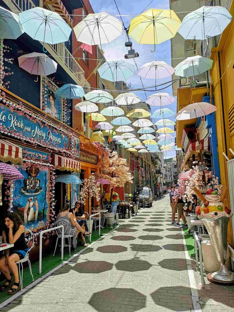 Colorful street in the Psiri neighborhood of Athens with hanging umbrellas and lively cafés.