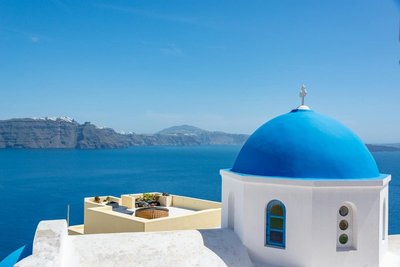 Santorini panoramic view with iconic landmarks and cityscape