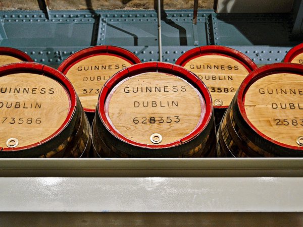 Guinness barrels at the Guinness Storehouse in Dublin, an iconic symbol of Irish beer.