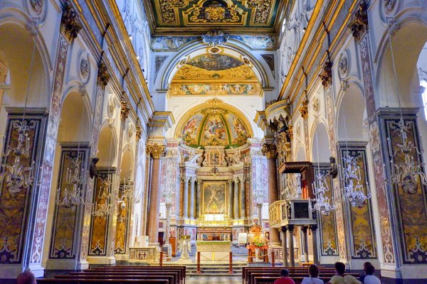 Interior of the Cathedral of St. Andrew in Amalfi with architectural details and ornate decorations.
