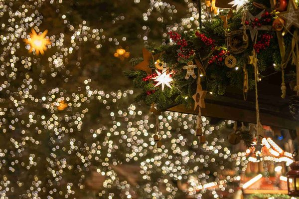 Christmas decorations with sparkling lights and ornaments at Piazza Municipio, Naples.