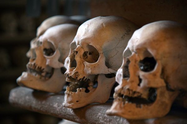 File di teschi umani disposti lungo la parete di una grotta, che evocano il culto delle anime pezzentelle del cimitero delle Fontanelle.