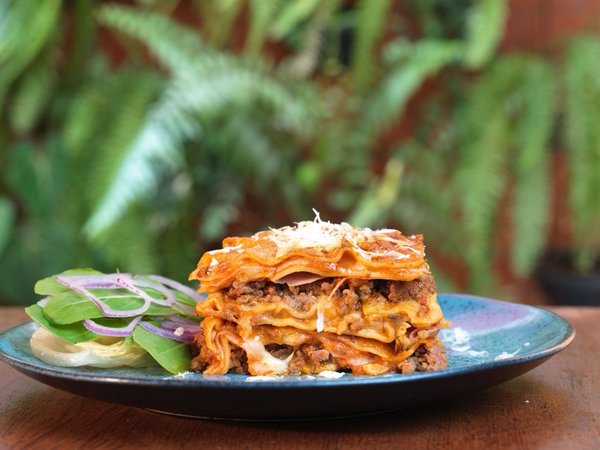 Lasagna tradizionale su un piatto blu con contorno di insalata, sfondo di piante verdi.