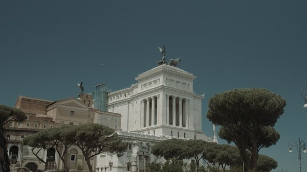 Il monumento dell'Altare della Patria con la statua bronzea della quadriga, incorniciato da pini marittimi.