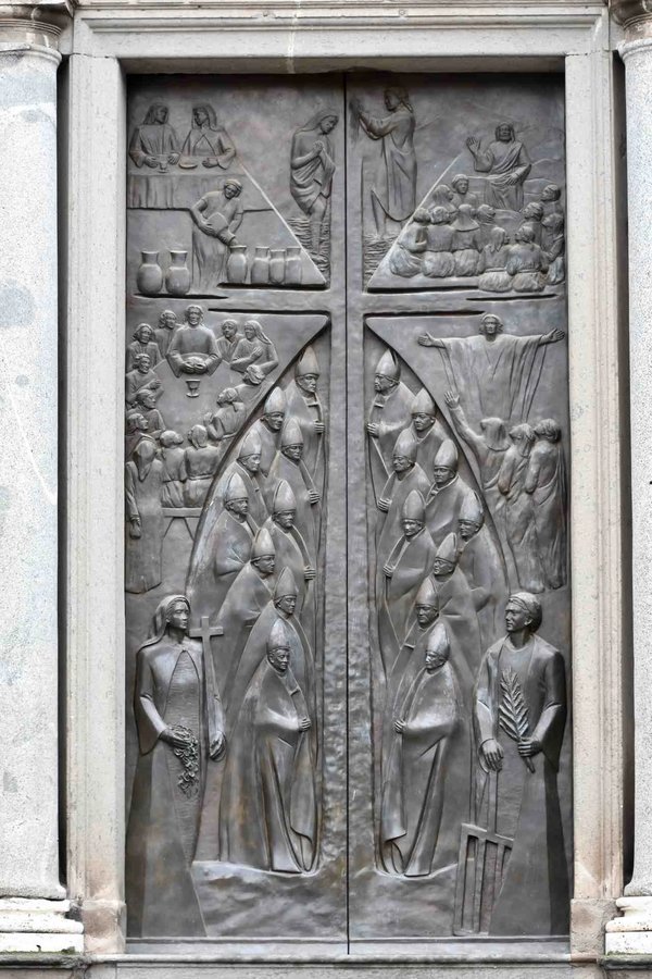 Bronze door with religious reliefs at the Cathedral of San Lorenzo in Viterbo.