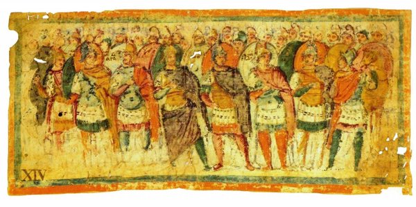 Manoscritto miniato antico con figure storiche, parte della collezione della Biblioteca Ambrosiana di Milano.