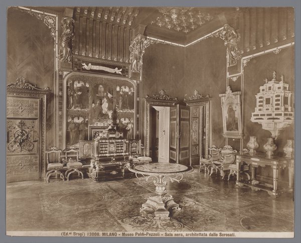Historic photograph of the Sala Nera at Museo Poldi Pezzoli in Milan, showing Renaissance furnishings and bronzes.