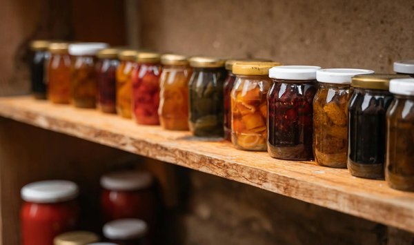 Colorful jars of preserves on a wooden shelf, representing the sustainable cuisine of Erba Brusca in Milan.