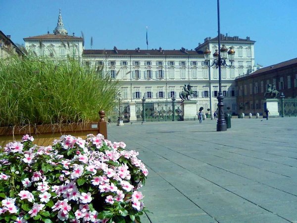 Piazza Castello a Torino con Palazzo Reale sullo sfondo e fiori in primo piano.