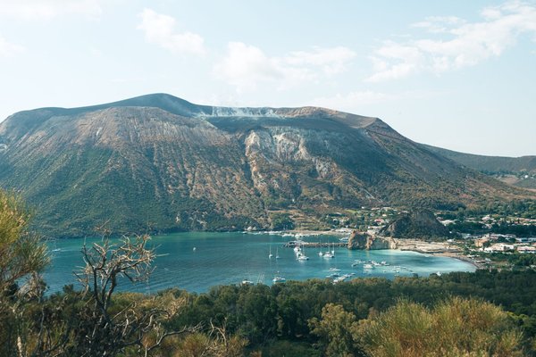Panoramic view of Vulcano Island with the crater and harbor, part of the Aeolian Islands.