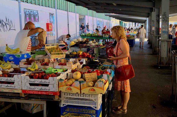 Local market with fresh fruits and vegetables, woman shopping at a stall, vibrant atmosphere.