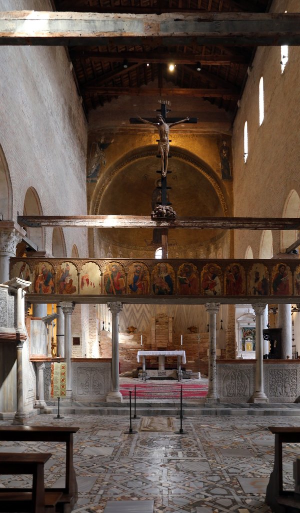 Interior of the Cathedral of Santa Maria Assunta on Torcello, with its golden Byzantine apse mosaic.