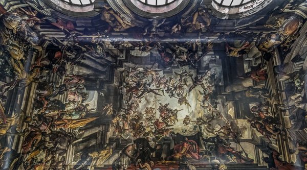 Fumiani's painted ceiling inside San Pantalon in Venice, a trompe-l'oeil vision of clouds and figures.