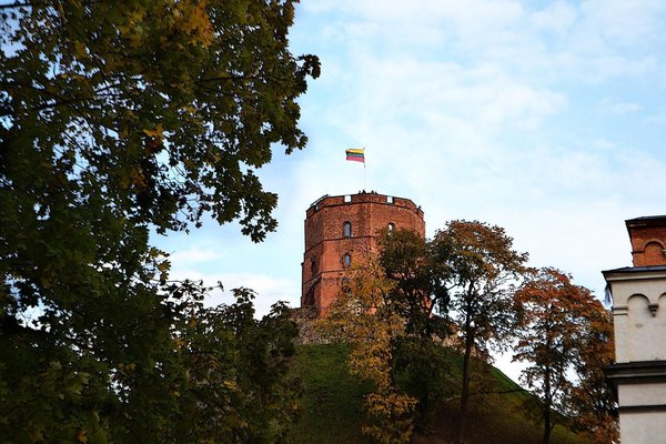 Torre di Gediminas a Vilnius con bandiera lituana, circondata da alberi e cielo azzurro.