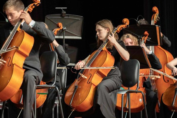 Musicians playing cello during a classical music concert.