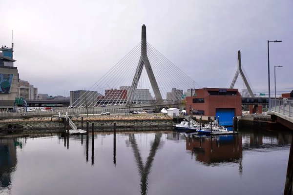 View of the Zakim Bridge and waterfront near Boston's Museum of Science.