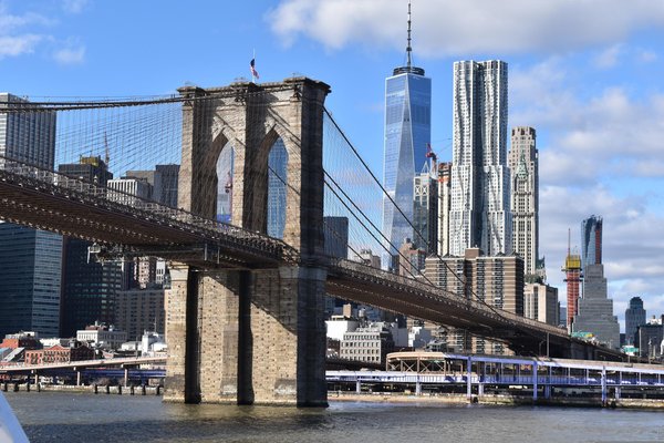 Vista del Ponte di Brooklyn con lo skyline di New York sullo sfondo in una giornata soleggiata.