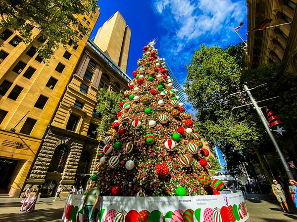 Il Christmas Tree ufficiale di Martin Place a Sydney, decorato con palline rosse e bianche per le celebrazioni natalizie della City of Sydney.