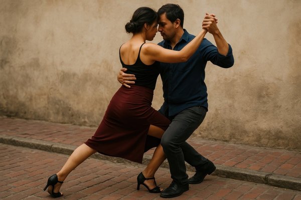 Una coppia balla il tango su una strada acciottolata a Buenos Aires, simbolo della cultura argentina.