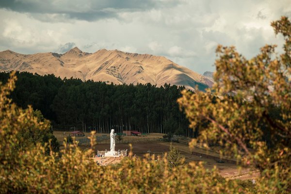 Vista di Cristo Blanco a Cusco con montagne e alberi sullo sfondo, circondato da vegetazione.