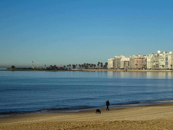 View of Montevideo's Rambla with beach, calm sea, and urban skyline in the background.
